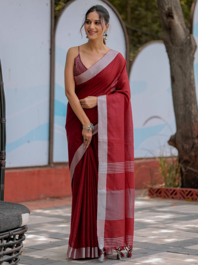 Elegant Maroon Soft Silk Saree with Silver Border