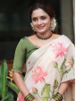 Floral Printed Off-White Linen Cotton Saree for Women