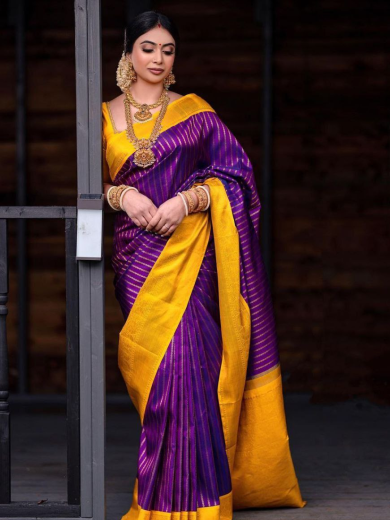 Royal Purple & Mustard Yellow Silk Saree with Golden Border