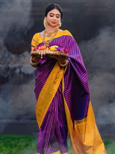 Royal Purple & Mustard Yellow Silk Saree with Golden Border