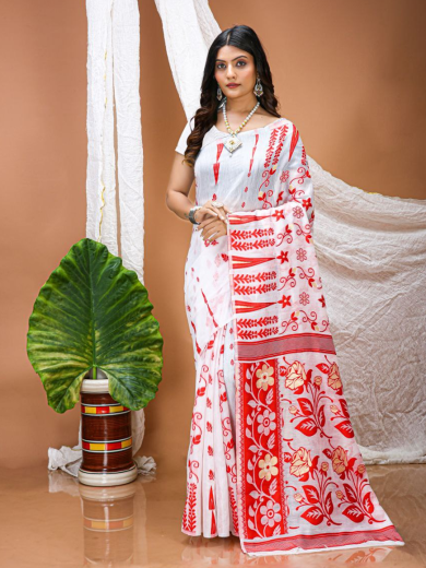 White & Red Hand Block Print Cotton Saree for Women
