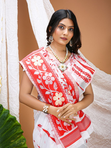 White & Red Hand Block Print Cotton Saree for Women