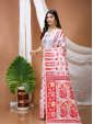 White & Red Hand Block Print Cotton Saree for Women