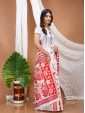 White & Red Hand Block Print Cotton Saree for Women