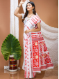 White & Red Hand Block Print Cotton Saree for Women