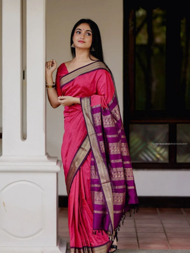 Elegant Pink & Purple Soft Silk Saree with Traditional Border