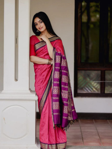 Elegant Pink & Purple Soft Silk Saree with Traditional Border