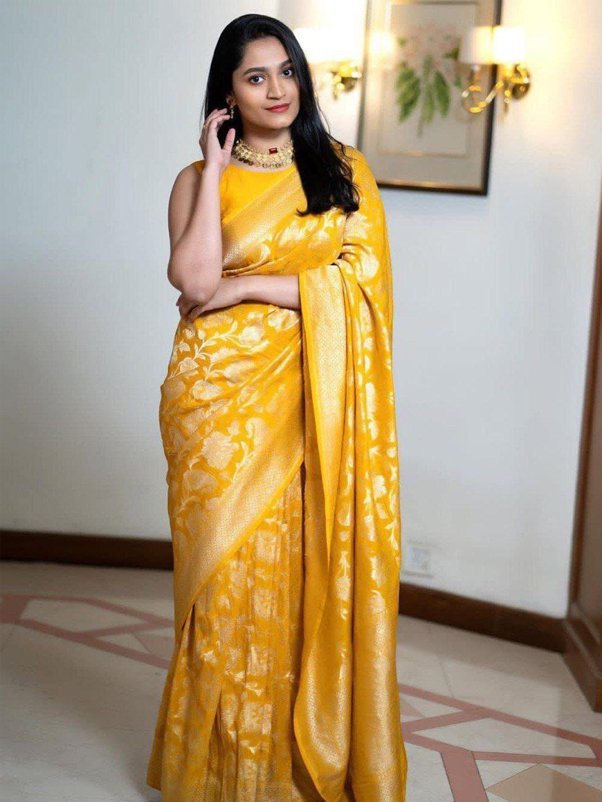 Elegant Mustard Yellow Soft Silk Saree with Golden Zari Border