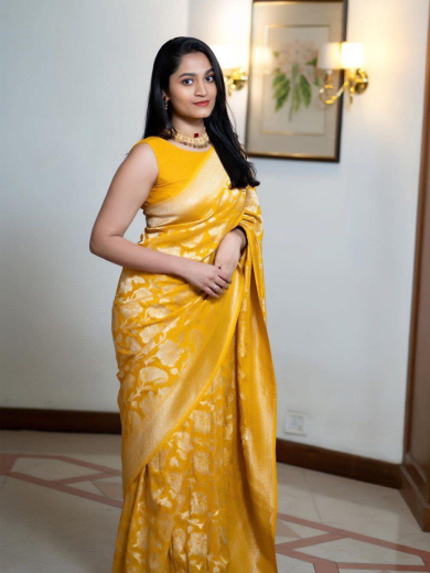 Elegant Mustard Yellow Soft Silk Saree with Golden Zari Border