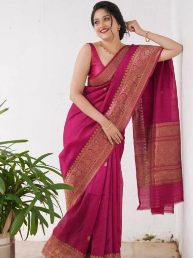 Elegant Rani Pink Soft Cotton Silk Saree with Golden Border