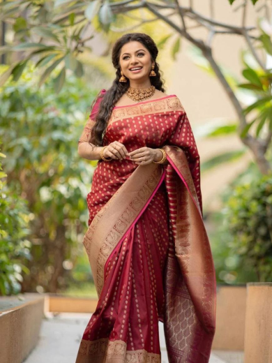 Maroon & Beige Banarasi Style Silk Saree with Traditional Woven Design