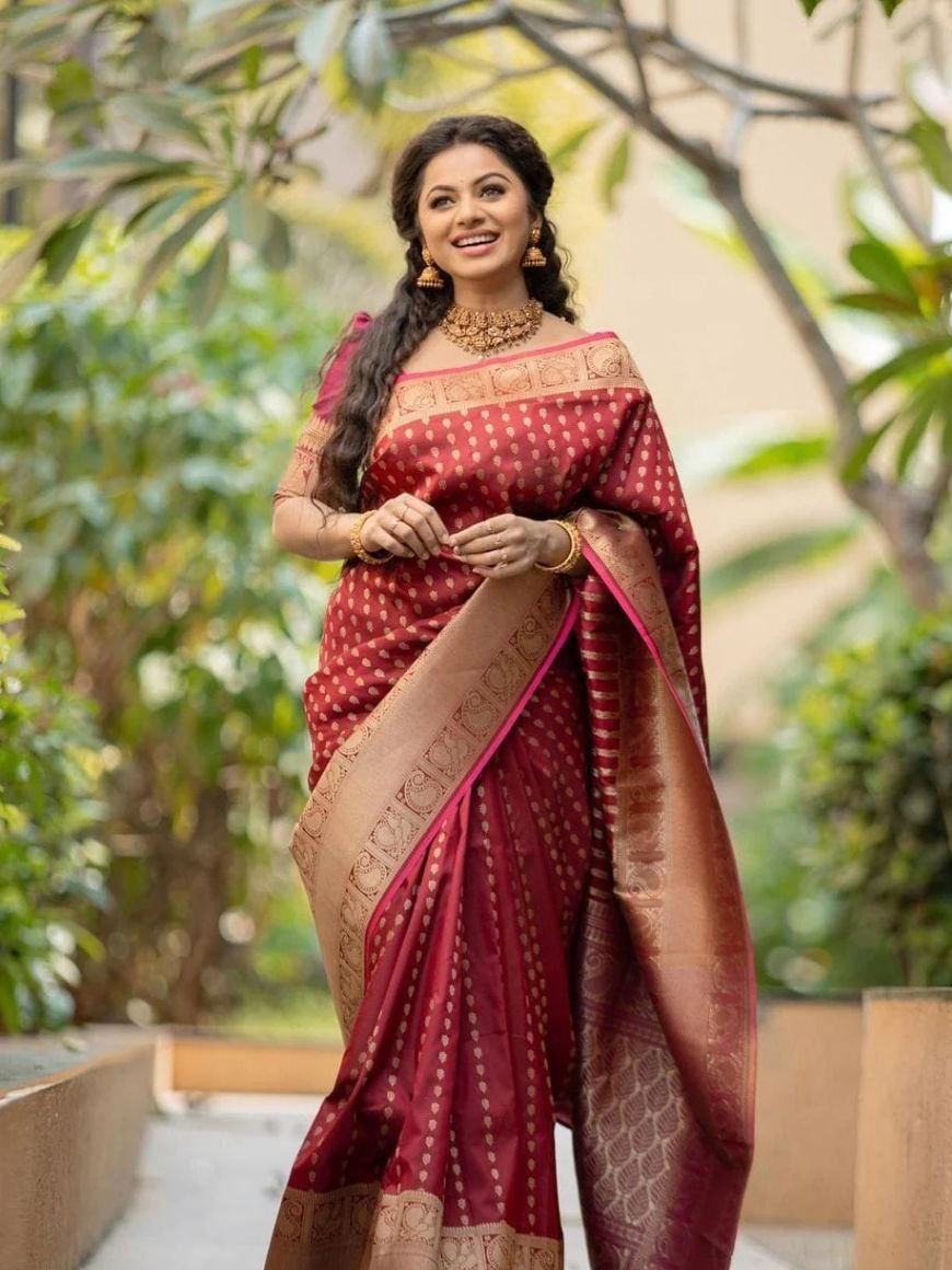 Maroon & Beige Banarasi Style Silk Saree with Traditional Woven Design