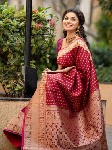 Maroon & Beige Banarasi Style Silk Saree with Traditional Woven Design
