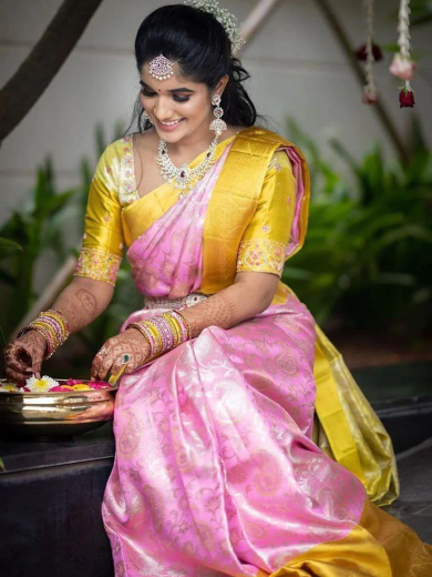 Elegant Pink & Mustard Yellow Soft Silk Saree with Golden Zari Border