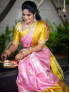 Elegant Pink & Mustard Yellow Soft Silk Saree with Golden Zari Border