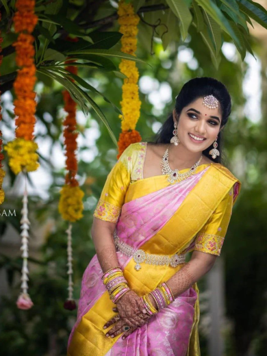 Elegant Pink & Mustard Yellow Soft Silk Saree with Golden Zari Border