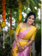 Elegant Pink & Mustard Yellow Soft Silk Saree with Golden Zari Border