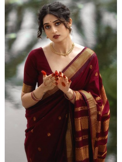 Elegant Wine Red Saree with Golden Zari Border