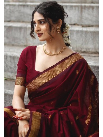 Elegant Wine Red Saree with Golden Zari Border