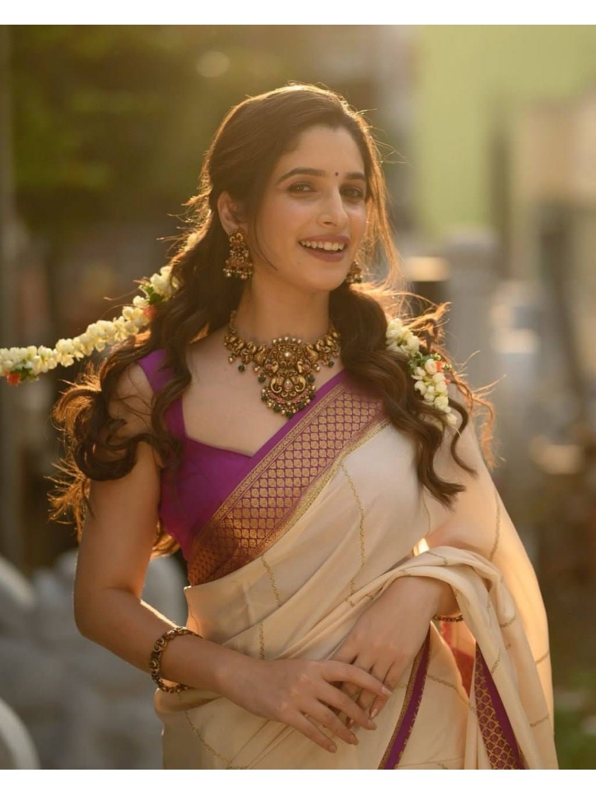 Elegant Cream Saree with Purple Designer Border