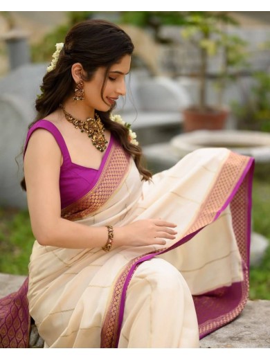 Elegant Cream Saree with Purple Designer Border