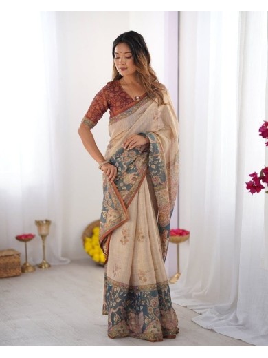 Elegant Beige Printed Saree with Floral & Blue Border