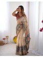 Elegant Beige Printed Saree with Floral & Blue Border