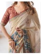 Elegant Beige Printed Saree with Floral & Blue Border