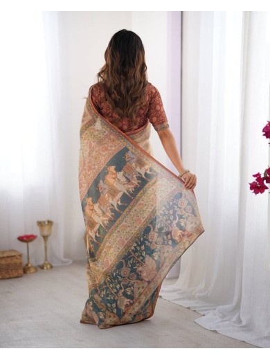 Elegant Beige Printed Saree with Floral & Blue Border