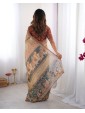 Elegant Beige Printed Saree with Floral & Blue Border